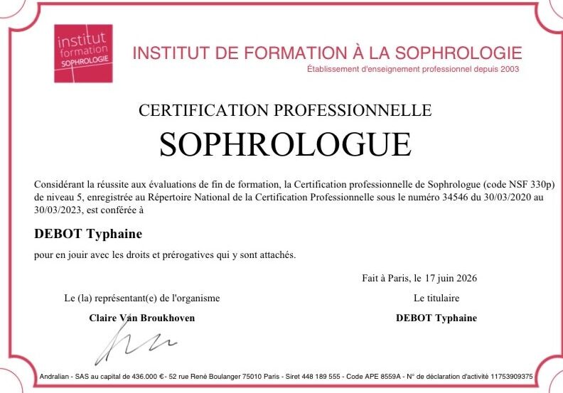 Certification professionnelle de sophrologue de Typhaine Debot